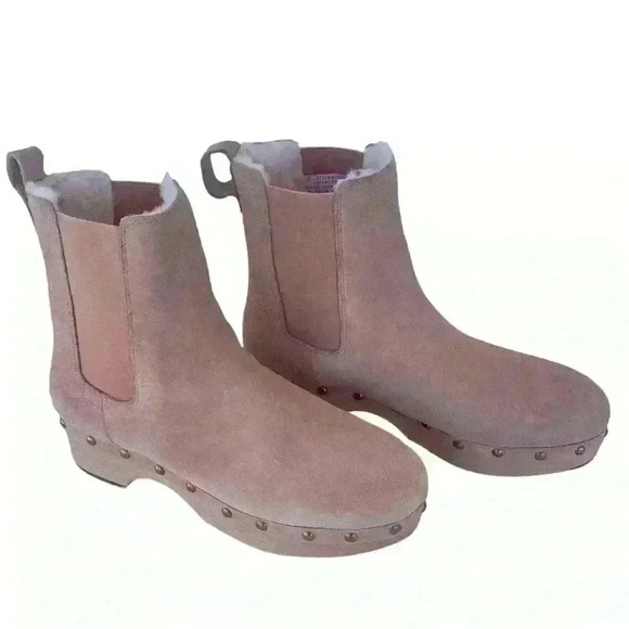 J. Crew Women Faux Fur Lined Clog Boots Size 8.5 Suede Chelsea Light Pink - Picture 1 of 13